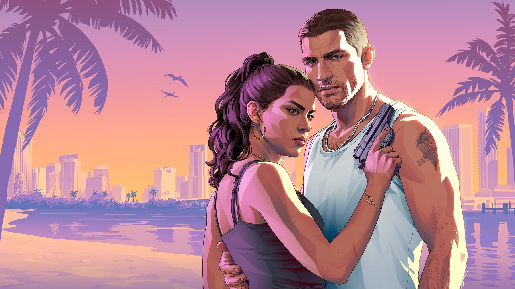 Jason Duval und Lucia Caminos aus Grand Theft Auto VI vor der Skyline von Vice City